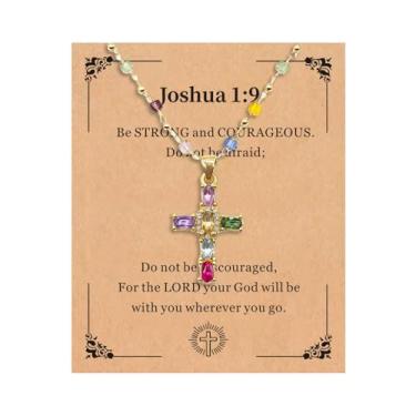 Imagem de FAOYUDAWEI Gargantilha feminina com cruz de arco-íris, pingente de zircônia cúbica com strass brilhante colorido e pingente de fé, fantasia cristã, joia de presente para ela, Aço inoxidável, Zircônia