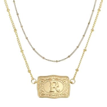 Imagem de PATIKIL Colar de fivela de cinto em relevo, 1 conjunto de colar de etiqueta de vaca com inicial ocidental com corrente de contas joia ocidental para mulheres e homens, presente de aniversário, letra R