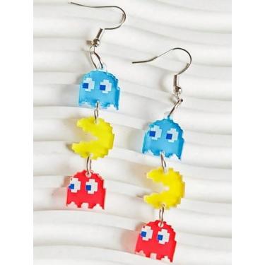 Imagem de Brincos longos de acrílico colorido monstro para mulheres, design de desenho animado de mosaico, joia engraçada, Medium, Latão, Sem pedra preciosa