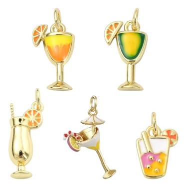 Imagem de UR URLIFEHALL 5 peças, 5 estilos, pingentes de latão, esmaltados, para bebidas, pingentes de suco de frutas e coquetéis banhados a ouro 18 K para fazer joias com pulseira faça você mesmo