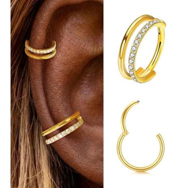 Imagem de Brincos de cartilagem de ouro prateado para mulheres, joias de hélice, brinco de argola dupla, hipoalergênico, cartilagem, segundo orifício, para mulheres, 16G, anel de septo, 18G, ferradura de nariz