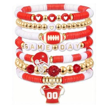 Imagem de ANGLEQUEEN Pulseiras de futebol para mulheres, pulseiras de dia de jogo de futebol em camadas, empilhável, pulseira de rugby, capacete de rúgbi, pulseira para mãe, esportista, joias para mulheres, 7.5