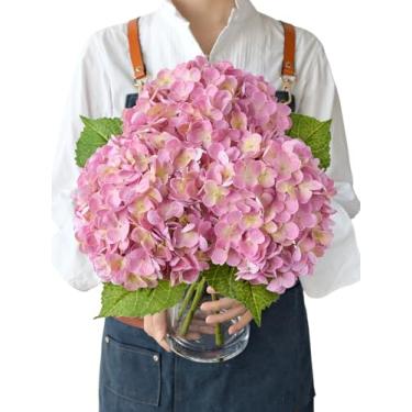 Imagem de JINWOE 3 peças de flores falsas de hortênsia rosa de toque real de 53,3 cm, látex totalmente realista, hortênsias artificiais para mesa de buquê, centros de mesa, primavera, casamento, casa