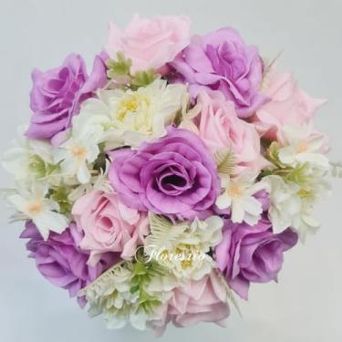 Imagem de Buquê de Noiva Artificial com Flores Coloridas para Casamento Civil ou Religioso(Lilás/Branco/Rosa)