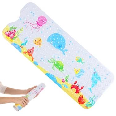 Imagem de Tapete de banho infantil para banheira, 101 x 40 cm, extra longo, antiderrapante, desenho animado com ventosa, lavável na máquina, fácil de limpar e secar (golfinho + baleia azul pequena)