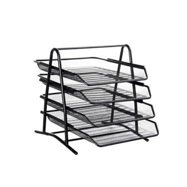 Imagem de Escritório Disco de arquivo metal quatro camadas para material escritório, barra documentos malha arame, rack dados multicamadas Organizador de mesa