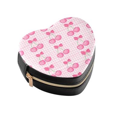 Imagem de Burbuja Caixa de joias em forma de coração cerejas no guingão, mini estojo de joias de viagem para mulheres e meninas, organizador portátil de armazenamento para brincos, anéis, colares e pulseiras