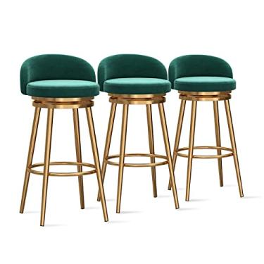 Imagem de Banquetas de balcão Conjunto de 3 - Bancos de bar estofados de veludo com perna de metal dourado, cadeiras de bar de ilha de cozinha modernas cadeiras de jantar com encosto baixo, 64 cm A, verde