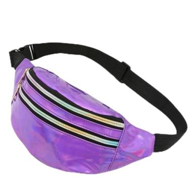 Imagem de Pochete feminina holográfica, transversal, à prova d'água, com cinto ajustável, bolsa de quadril, moderna, esportiva, PU, brilhante, pochete, Roxa, Pacotes de cintura