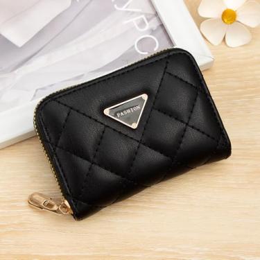 Imagem de Carteira feminina, porta-cartão compacto e fino, antifurto, organizador de cartão de couro com 9 compartimentos para cartão e janela para identidade, Preto, Bonito