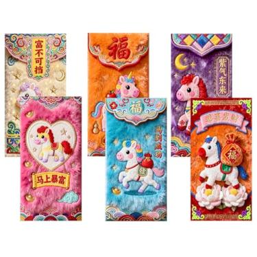 Imagem de Envelope vermelho chinês | 6 peças 2026 Chinese Good Luck,Year of the Horse Envelopes com letras vermelhas - para festival de primavera TET casamento feriado festa de inauguração de casa