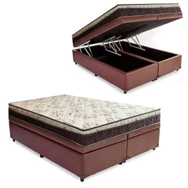 Imagem de Cama Box Baú Bipartido Casal Corino + Colchão Casal Espuma Extra Firme D33 Elegance Ortopédico 64x138x188 Marrom
