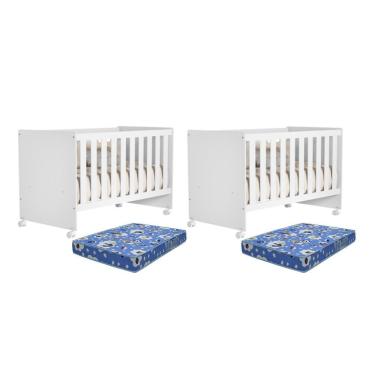 Imagem de Kit Gêmeos Berço Americano Tico Branco Brilho Com Colchões Baby Physical - Reller Móveis Branco Brilho