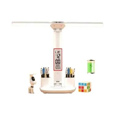 Imagem de Luminária De Mesa LED Dupla Com Dimmer E Relógio Calendário, Dobrável,