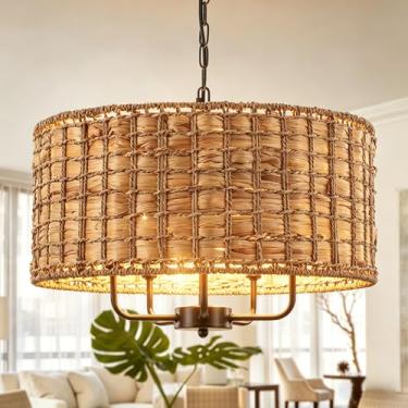Imagem de JZQWCK Lustre De Vime Para Sala De Jantar, Lustre Estilo Boho Com 5 Luzes, Luminária Pendente Grande De Vime De 18,9 Pol., Lustre Costeiro Trançado Para Ilha De Cozinha, Hall De Entrada, Altura Ajus