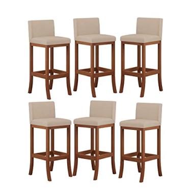 Imagem de Kit 6 Banquetas Alta Encosto Estofado 38x98 Cm Ilha Espanha Madeira Maciça Castanho Suede Bege - CCS
