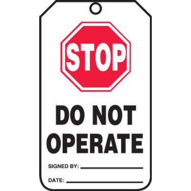 Imagem de Accuform Placa de segurança Signs MDT909PTP, legenda "Stop DO NOT Operate", 14,6 cm de comprimento x 8,3 cm de largura x 0 cm de espessura, plástico RP, vermelho/preto sobre branco (pacote com 25)