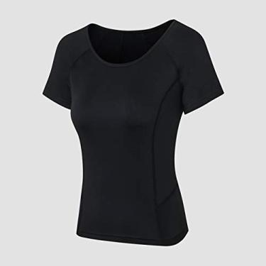 Imagem de Camiseta esportiva feminina gola oco manga curta elástico respirável absorção de umidade corrida ioga fitness roupas esportivas(Small)(Preto)