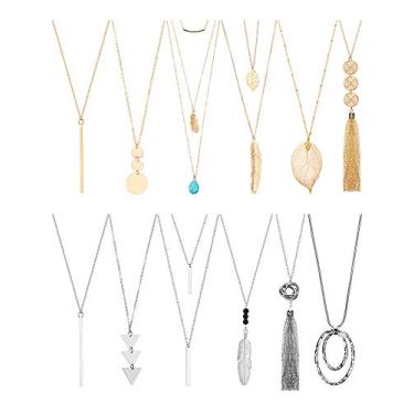 Imagem de Hicarer Conjunto de colar com pingente longo de 12 peças em Y com borla e barra circular para mulheres, Metal