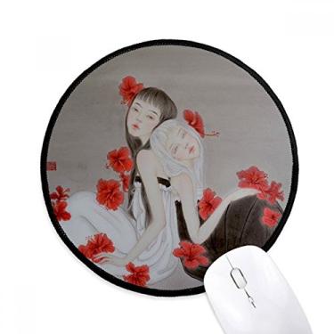 Imagem de Beleza flor vermelha estilo chinês aquarela mouse pad desktop escritório tapete redondo para computador
