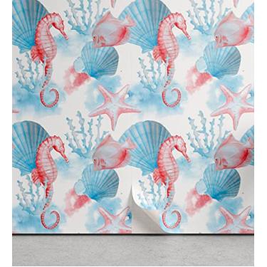 Imagem de Lunarable Papel de parede náutico para casa, conchas, cavalos marinhos, corais, peixes, areia, praia, exótico, aquarela, realce de cozinha, sala de estar autoadesivo, 33 cm x 254 cm, azul coral branco