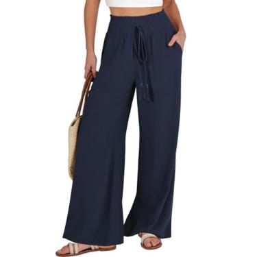 Imagem de ANRABESS Calça feminina de linho palazzo verão casual solta cintura alta perna larga calça comprida lounge calça com bolso, Azul marinho, XXG