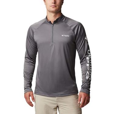 Imagem de Columbia Camiseta masculina PFG Terminal Tackle com zíper manga 1/4, respirável, proteção solar UV, logotipo cinza/branco, pequena