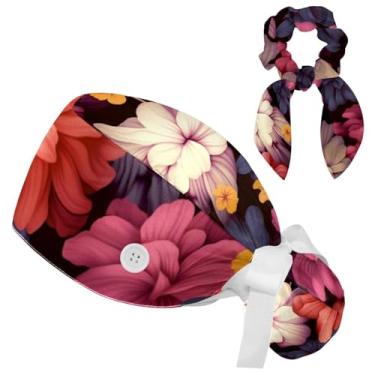 Imagem de Boné floral floral buffant para mulheres cabelo longo, boné cirúrgico com laço, chapéu de trabalho faixa de suor de algodão, Multicolorido 8, Small-XX-Large