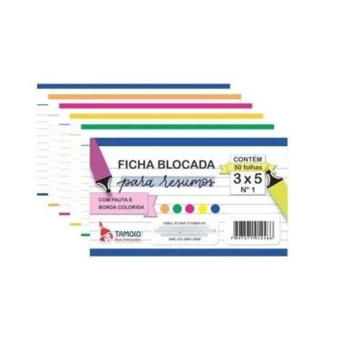Imagem de Ficha Pautada Coloridas 3X5 Blocada Para Resumo 50 Folhas