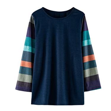 Imagem de Top de gola para meninas moda infantil camiseta color block listrada casual túnica tops manga longa gola redonda solta, Azul, 12-13 Anos