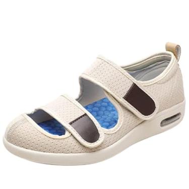 Imagem de Sandálias de verão respirável para pés inchados, conforto ajustável dedo aberto espuma de memória artrite edema sapatos internos antiderrapantes, para pés inchados sapatos de caminhada (Color : Beige