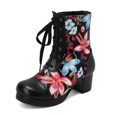 Imagem de MDybf Botas femininas pretas curtas botas brancas cano curto sapato cadarço estampado floral salto médio outono primavera bota 5-10, Preto, 36