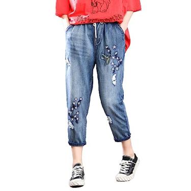 Imagem de Calça jeans cropped feminina moderna elástica cintura elástica plus size carpinteiro jeans capri Y2K, Branco, GG