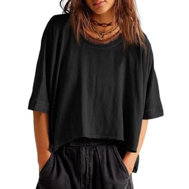 Imagem de Tankaneo Camisetas femininas grandes cropped verão casual manga curta ajuste solto, Preto, XXG