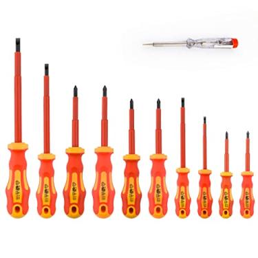 Imagem de Gunpla Conjunto de 11 chaves de fenda isoladas VDE, 1000 V com ponta preta magnética, cabo TPR, ferramentas Phillips e Pozi com fenda macia e testador de segurança para reparo de eletricista