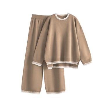 Imagem de IQSQSQ Conjunto feminino de 2 peças de suéter de malha pulôver tops de perna larga conjuntos de lounge, Caqui, M