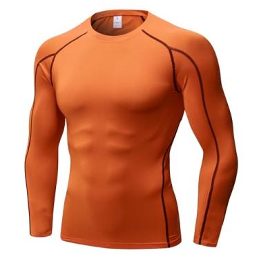 Imagem de WRAGCFM Camisetas de compressão masculinas de manga comprida para treino e corrida Cool Dry Sports Gym Camiseta de futebol, Laranja, M