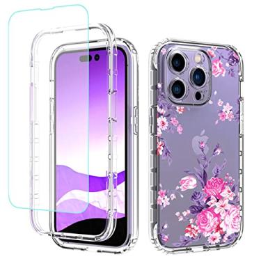 Imagem de sidande Capa para iPhone 14 Pro com protetor de tela de vidro temperado, capa protetora fina de TPU floral transparente para Apple iPhone 14 Pro de 6,1 polegadas (flor rosa)