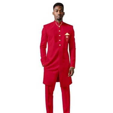 Imagem de DBQ Terno masculino roupas africanas Dashiki bordado corrente única camisa e calça conjunto de 2 peças, Vermelho, P