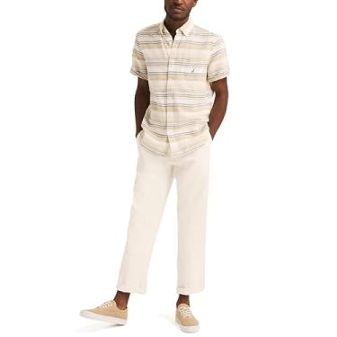 Imagem de Nautica Camisa masculina listrada de linho de manga curta, Vela branca, M