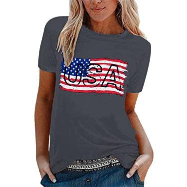 Imagem de Camisetas femininas 4 de julho verão bandeira americana listras estrelas tops manga curta túnica Memorial Day Patriotic Festival, Gy2, XXG