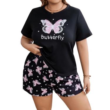 Imagem de OYOANGLE Conjunto de pijama feminino plus size, 2 peças, estampa xadrez, manga curta, camiseta e short, Estampa preta, 4X-Large Plus
