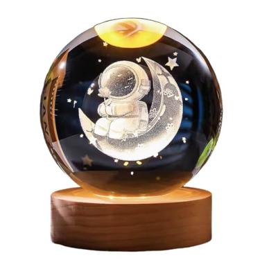 Imagem de Luminária Abajur Mesa Bola de Cristal Luz LED 3d Decorativa Esfera Astronauta Sistema Solar Saturno (Lua)