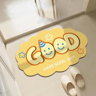Imagem de Tapetes engraçados de terra de diatomáceas "bom" "feliz" tapete de banho em forma de borda ondulada criativo de secagem rápida super absorvente lavável tapete antiderrapante (amarelo, 40 x 61 cm)