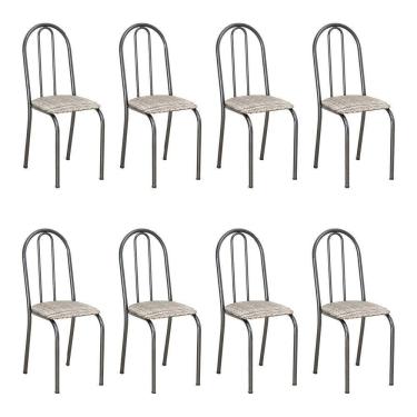 Imagem de Kit 8 Cadeiras De Cozinha Califórnia Estampado Rattan Bege Pés De Ferro Preto