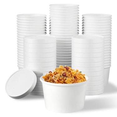 Imagem de Copos de sorvete de papel isolados com tampas [pacote com 50 - 227 g] - Recipientes quentes ou frios para levar | Recipientes de papelão descartáveis com tampas para sopa, sobremesa, iogurte