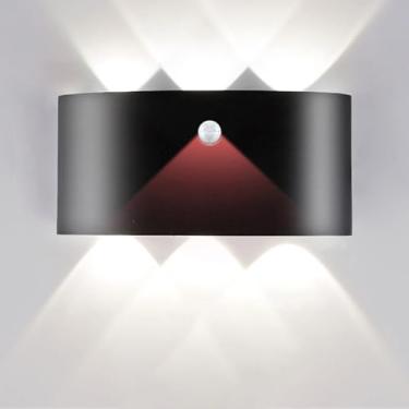 Imagem de Luzes de parede para jardim ao ar livre com sensor de movimento 18 W LED externo lâmpada de parede interna IP65 moderno preto para cima com arandelas de indução de alumínio luz noturna para sala de estar, corredor, escada e garagem (luz branca)