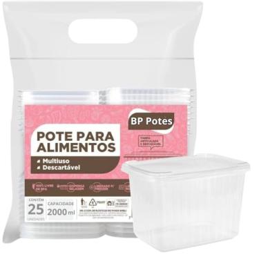 Imagem de Pote Descartavél 2 Litros BP Potes Retangular com Tampa Açai Bolos Sorvetes (Transparente, 25 Unidades)