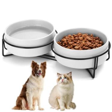 Imagem de Conjunto de tigelas de cerâmica para cães e gatos, com suporte, 3,6 xícaras, ração para cães e água, adequado para animais de estimação pequenos e médios (813 g branco)