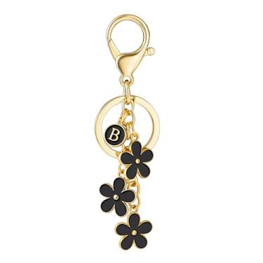 Imagem de SELOVO Chaveiro com inicial de flores brancas/rosa para chaveiro, chaveiro de letras fofas para bolsa de mão e mochila, Preto, B, 4.6 inches